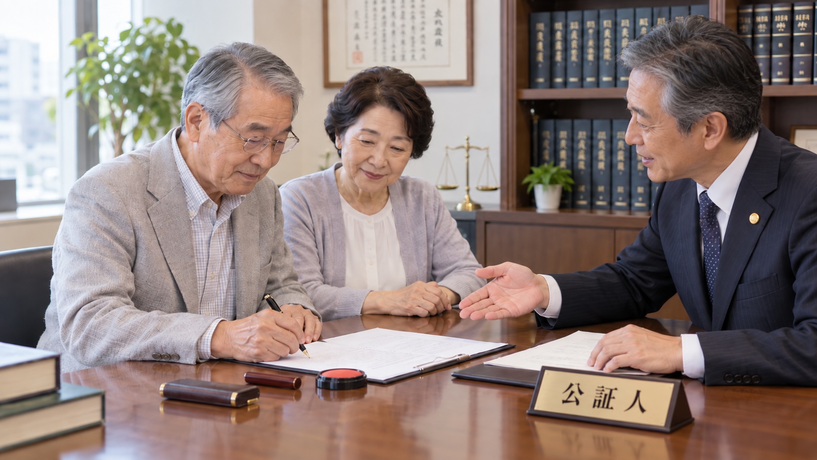 公証人役場で高齢夫婦が公証人と遺言書の手続きをしている様子