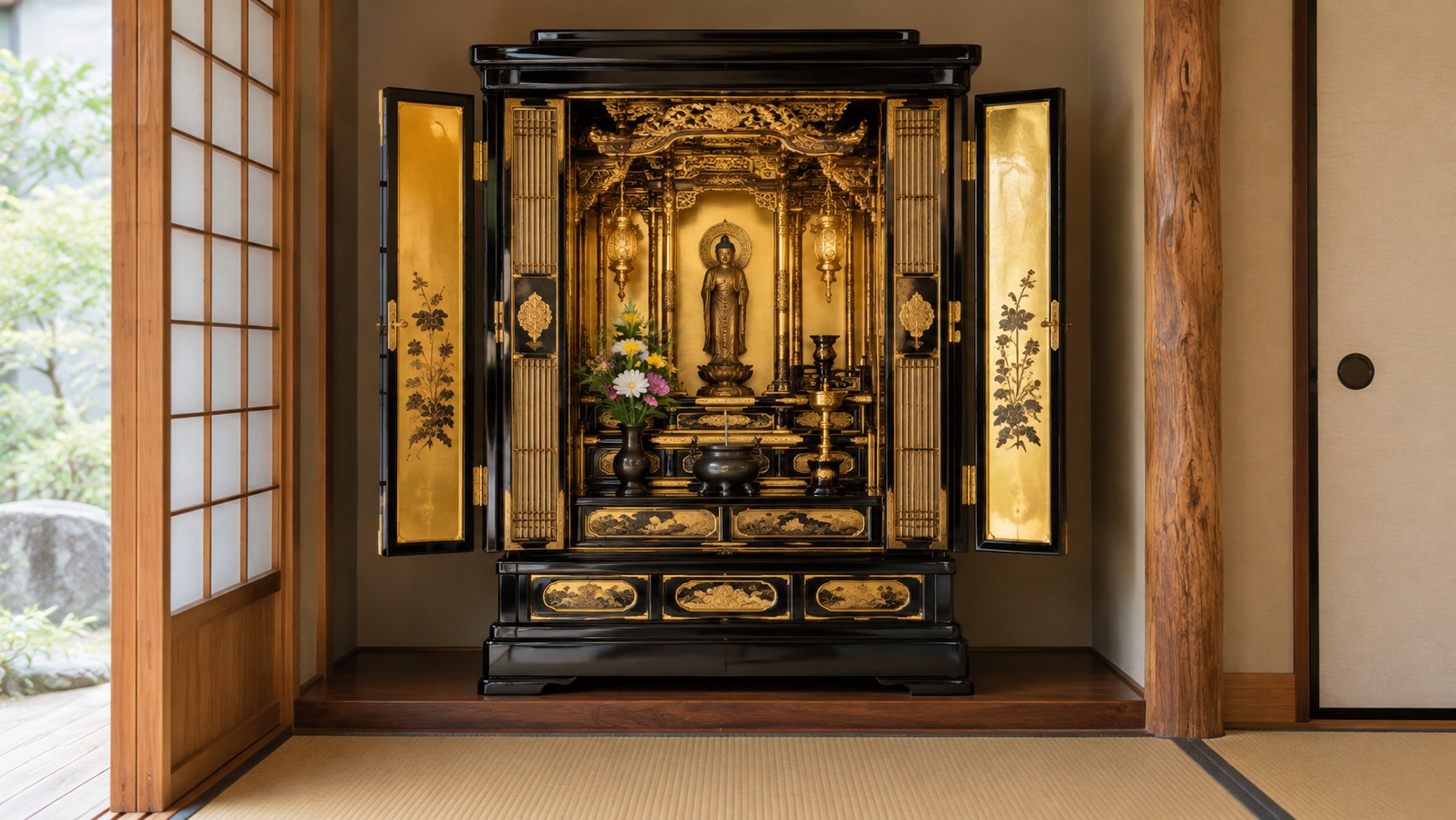 金色の内部装飾と黒い塗りが特徴の家庭用仏壇