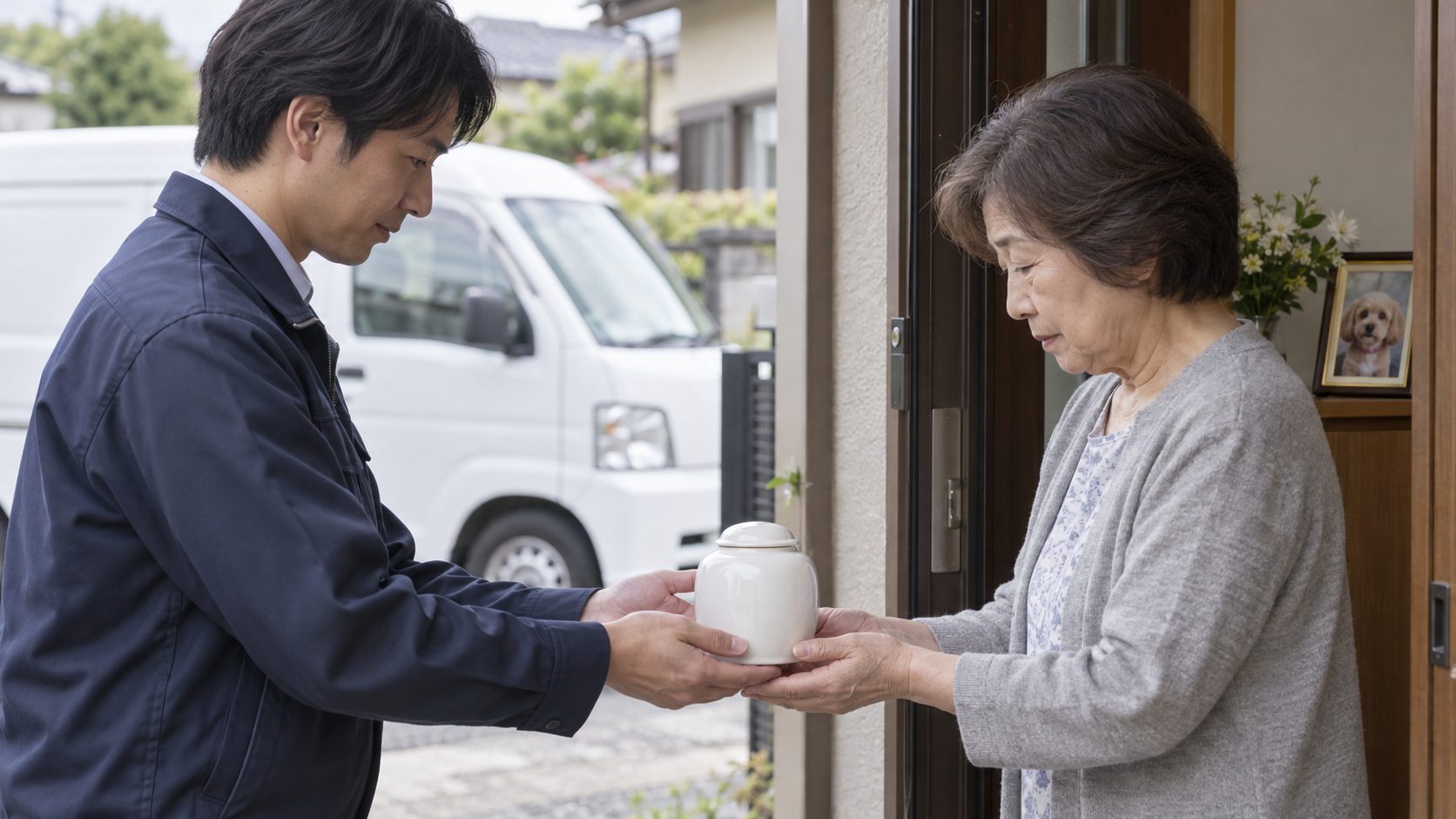自宅の玄関で訪問火葬の担当者から小さなペット用骨壺を受け取る女性