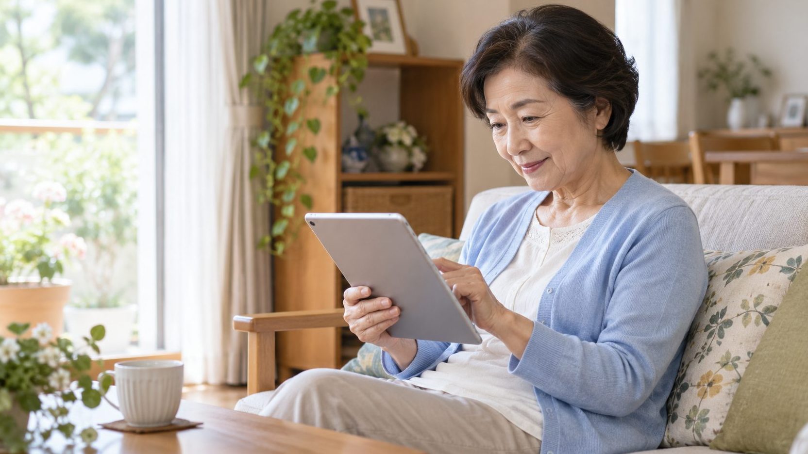 自宅のソファでタブレットを操作するシニア女性