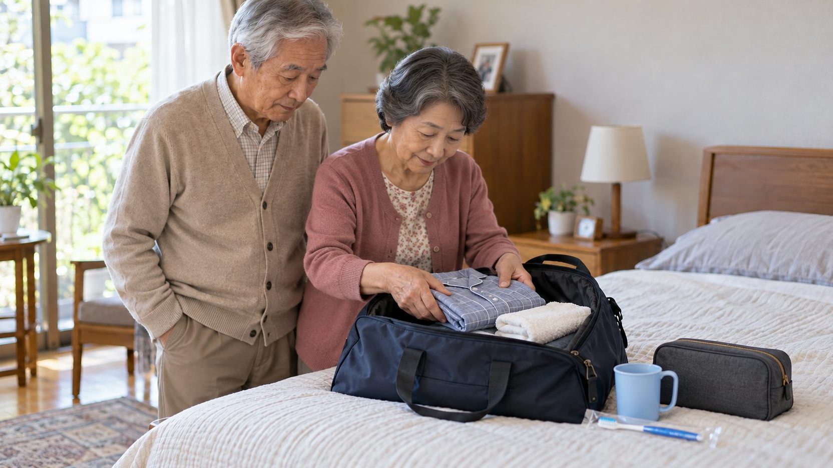 夫が見守る横で妻が入院用の衣類をバッグに詰め、コップと歯ブラシを準備する夫婦