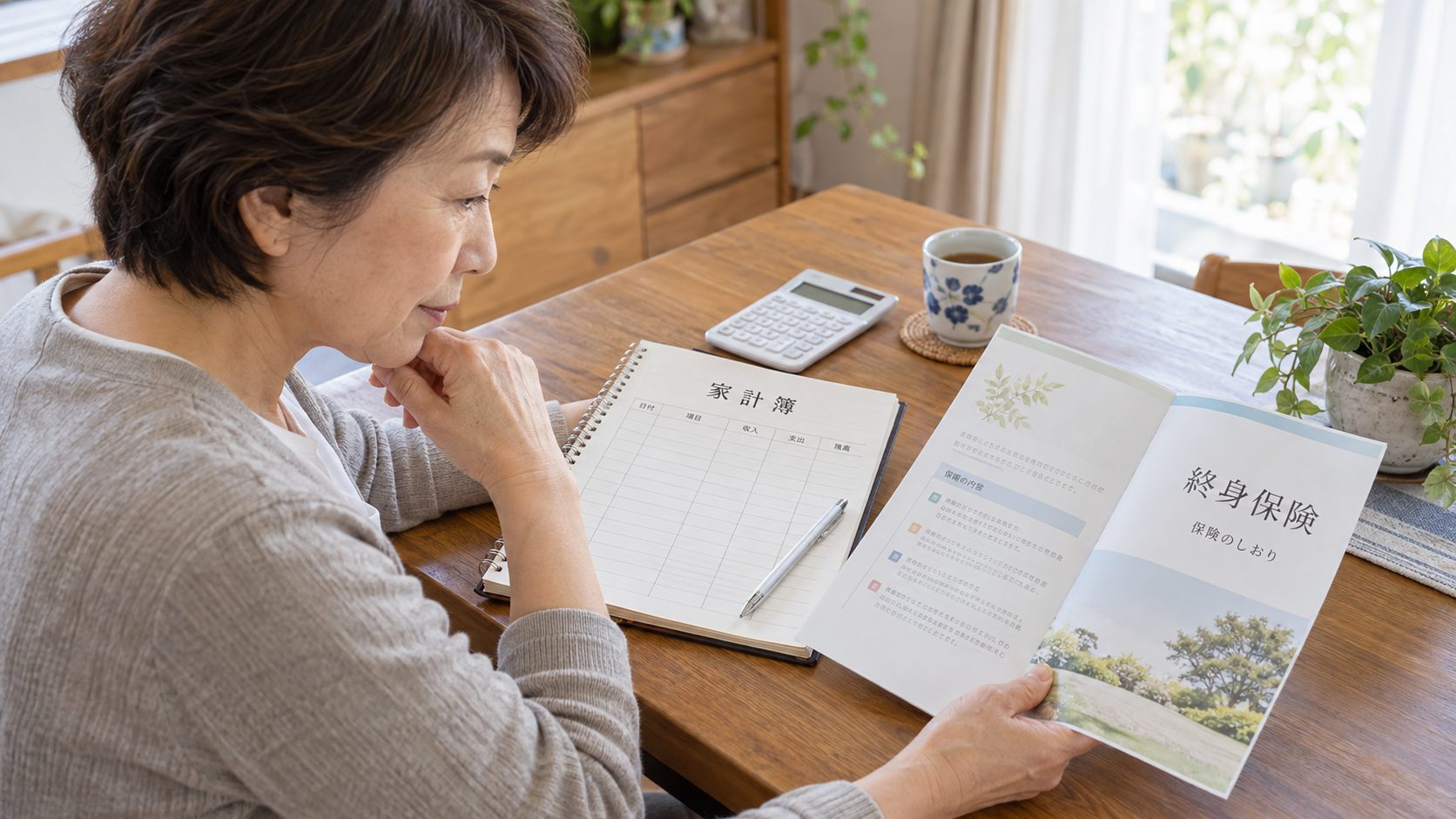 自宅の机で家計簿と終身保険のパンフレットを見比べる60代の女性