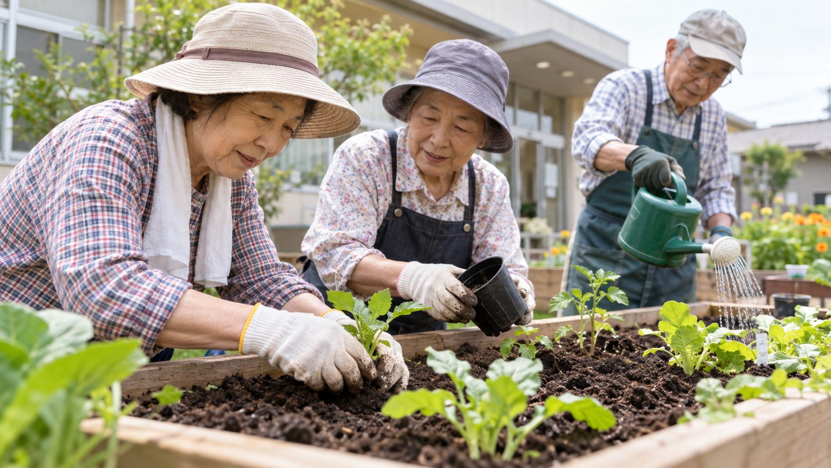 地域の菜園で野菜の苗を植え、水やりをしながら交流する高齢者たち
