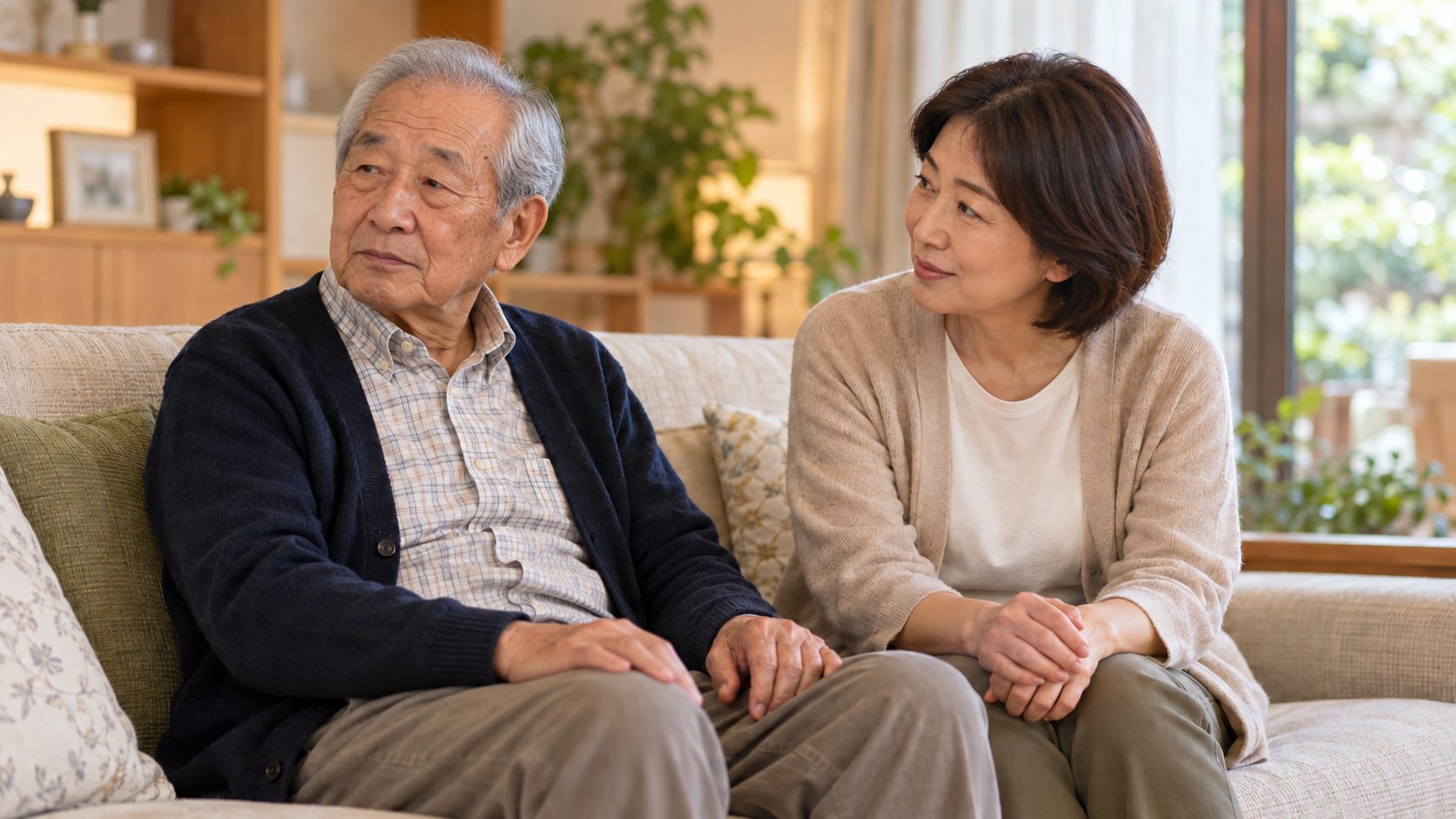 自宅のソファで遠くをぼんやり見つめる高齢男性と、隣で様子を見守る娘