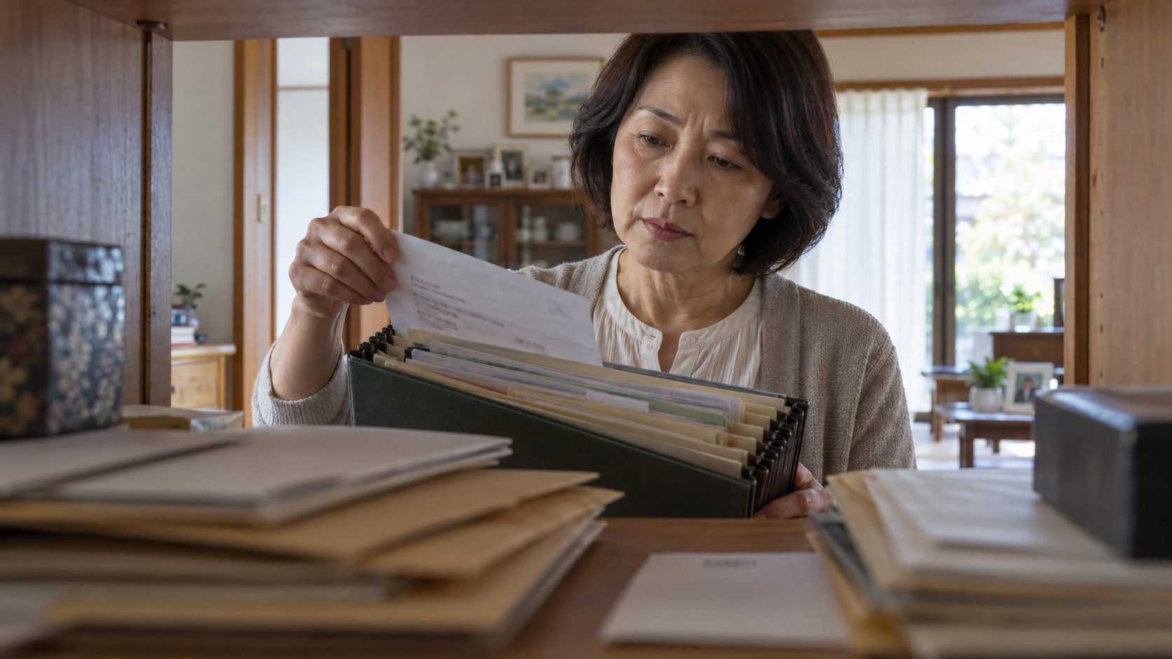 自宅の書棚で保管された書類や郵便物を確認する女性