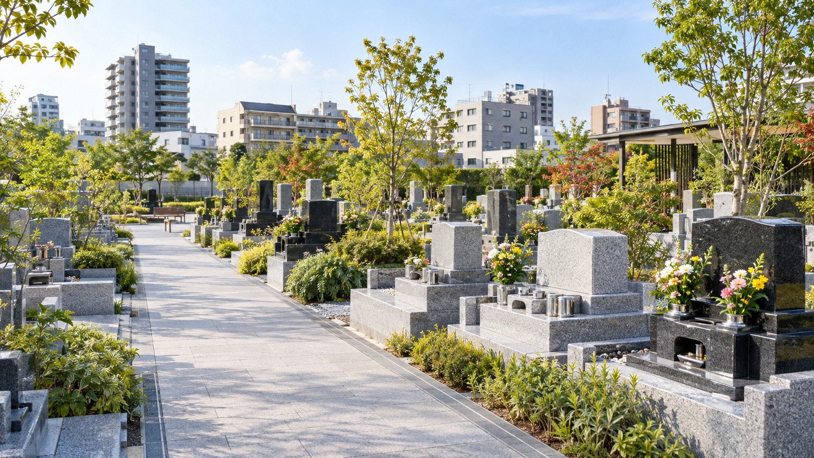 段差の少ない平坦な通路と植栽を備えた都市部の霊園