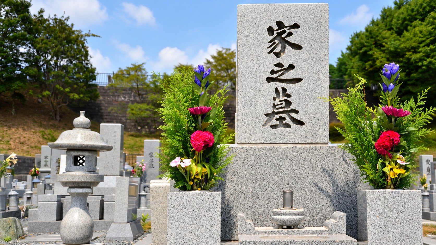 花が供えられた御影石の墓石と石灯籠
