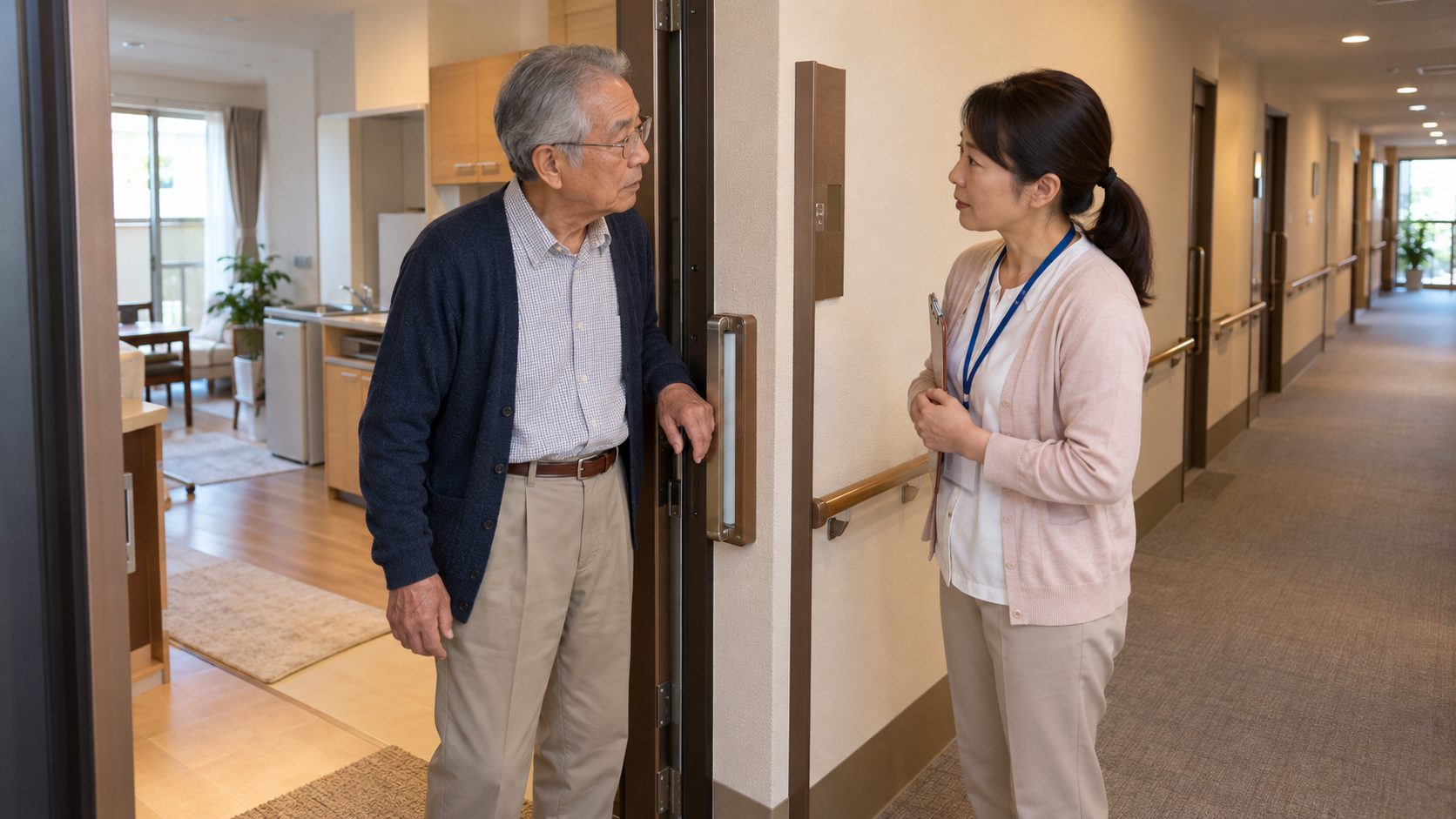 サービス付き高齢者向け住宅の居室の前で生活相談担当の職員と話す高齢男性