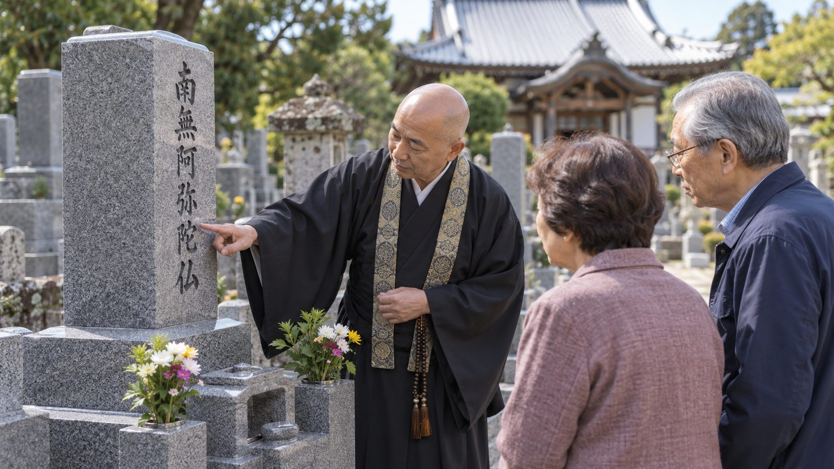 墓石に刻まれた文字を指し示す僧侶の説明を聞く70代夫婦
