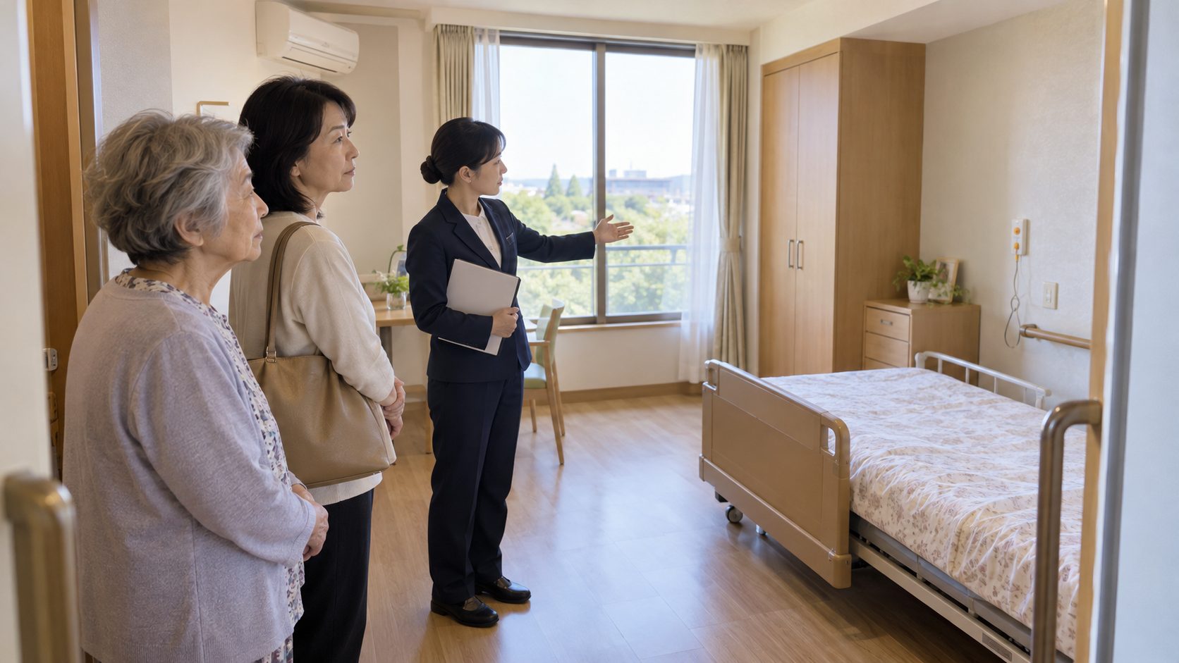 老人ホームの居室を相談員の案内で見学する高齢女性と娘