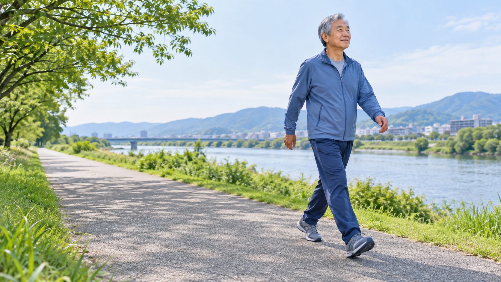川沿いの平坦な遊歩道を歩く高齢男性