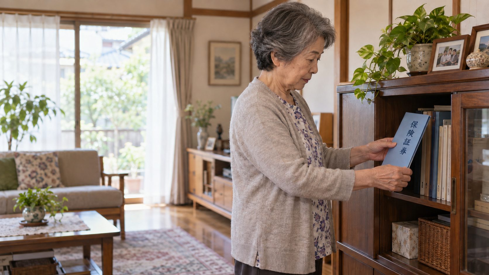 自宅の棚から「保険証券」と書かれた青いファイルを取り出す高齢女性
