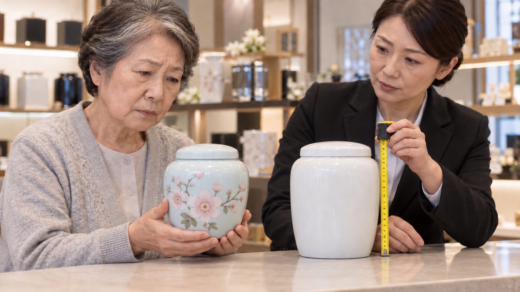 花柄の骨壺を手に、白い骨壺と大きさを比べながら選ぶ70代女性のイメージ