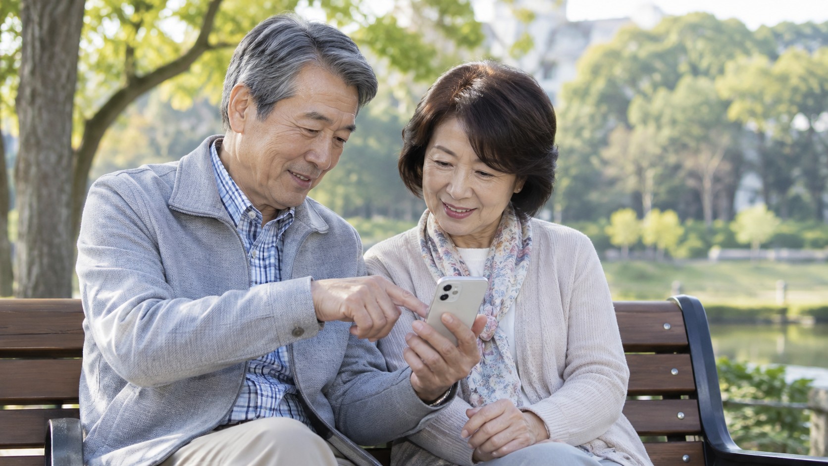 公園のベンチでスマートフォンを一緒に確認するシニア夫婦
