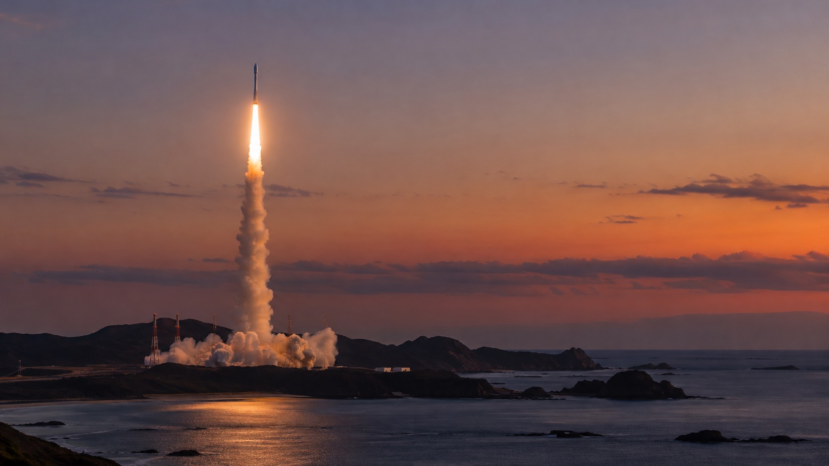 海沿いの発射場から夕空へ上昇するロケットのイメージ