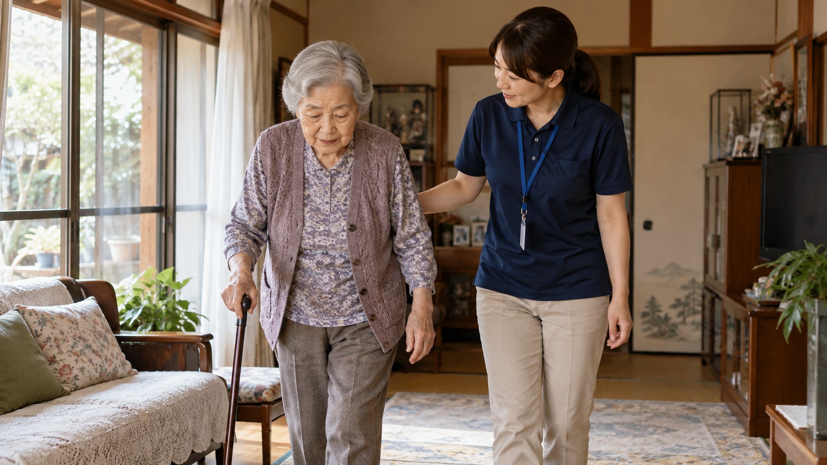 自宅で杖を使って歩く高齢女性と見守る介護職員