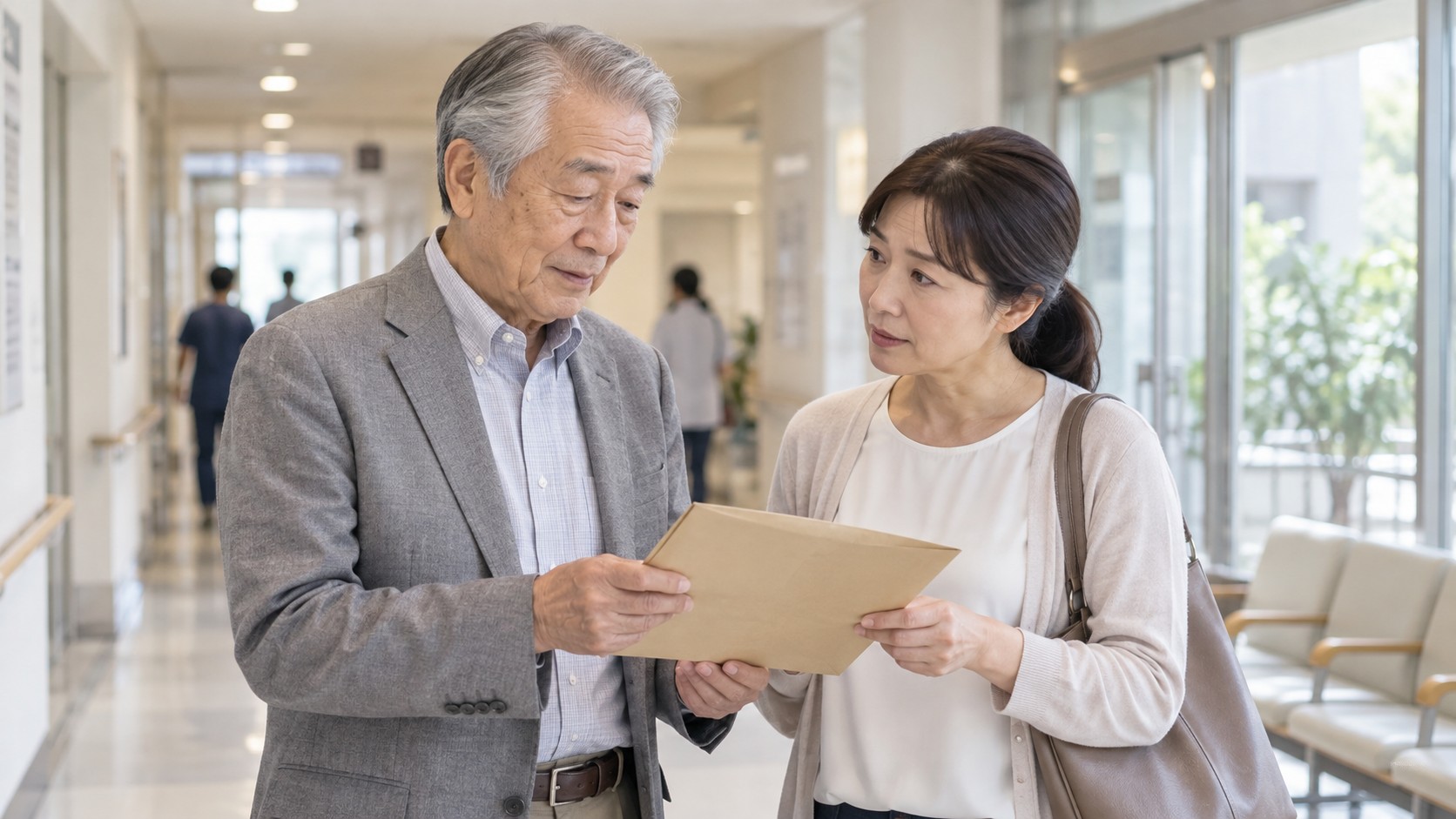 病院の廊下で書類の封筒を確認する高齢男性と娘