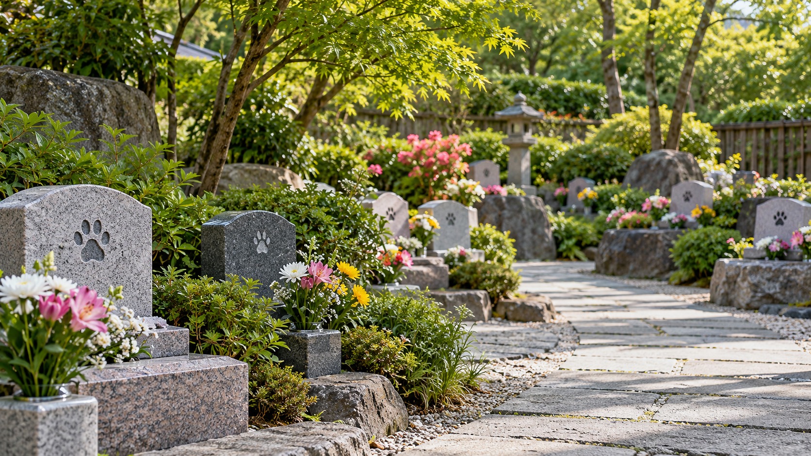 肉球の意匠がある小さな墓石と花が並ぶペット霊園