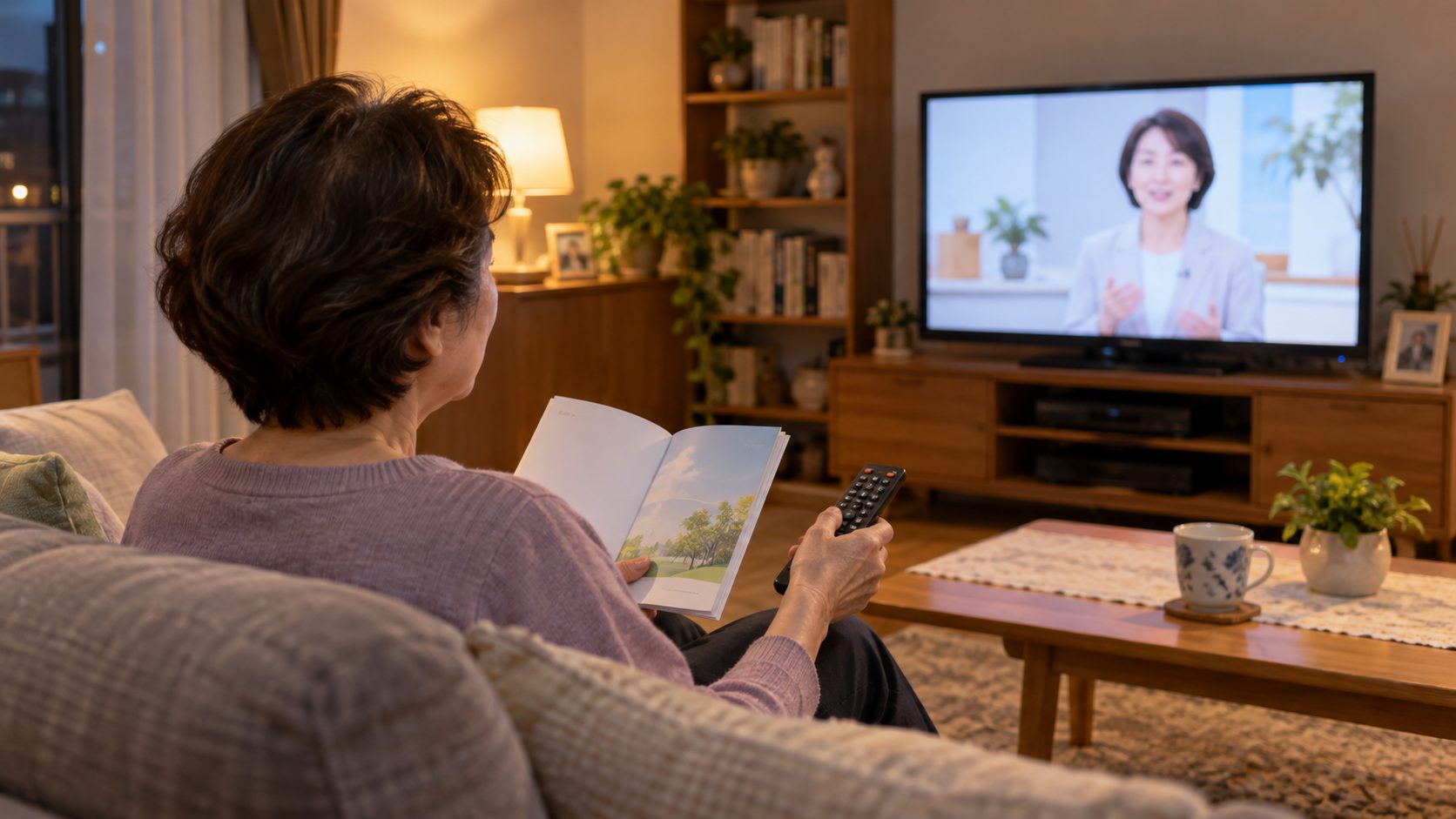 テレビを見ながら保険の資料を確認する高齢女性