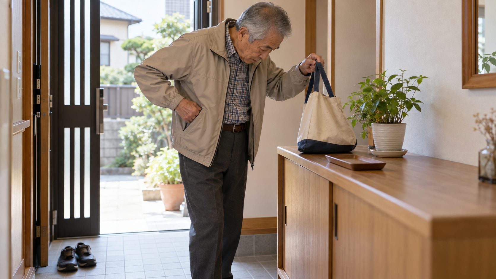 外出前に玄関でポケットや荷物の周りを確認して鍵を探す高齢男性