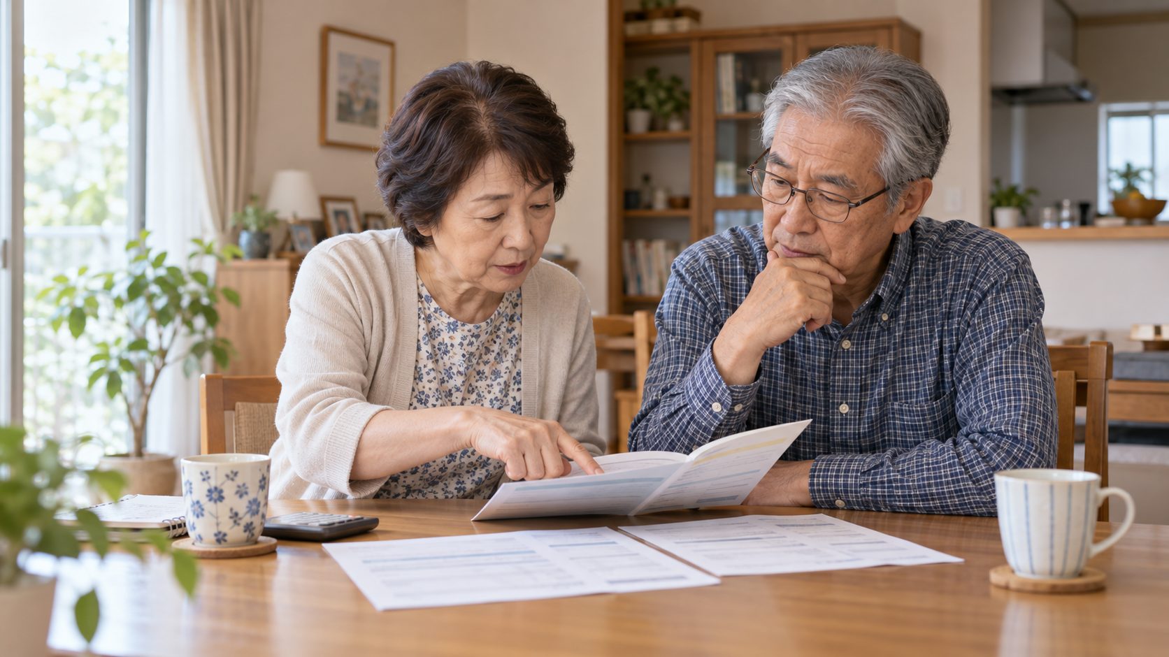 共済の保障内容を自宅で確認する高齢夫婦